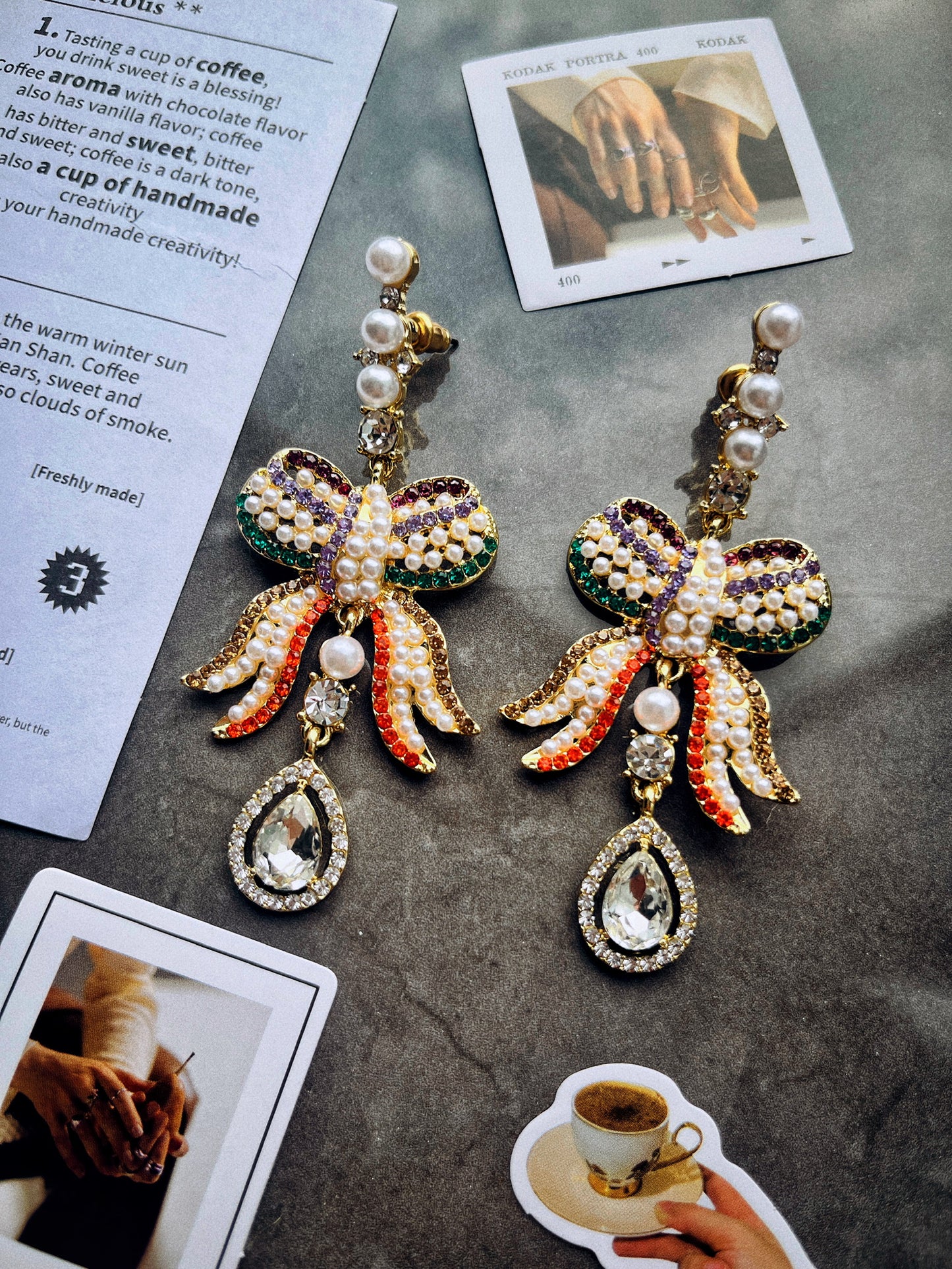 Pearl Bow Crystal Diamond Earrings