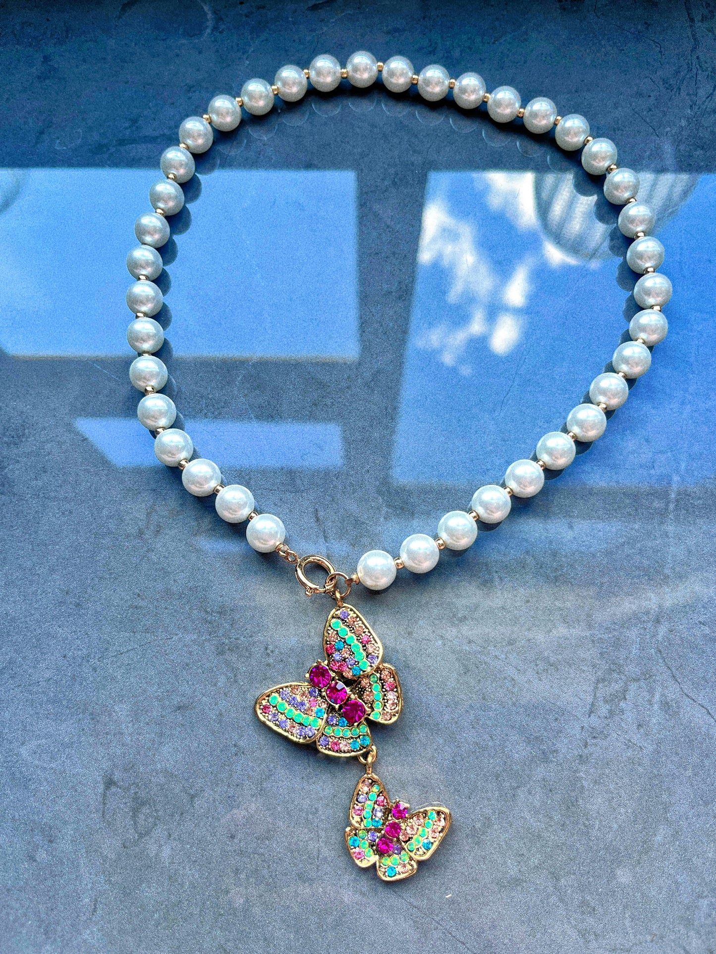 Crystal Butterfly Pearl Necklace