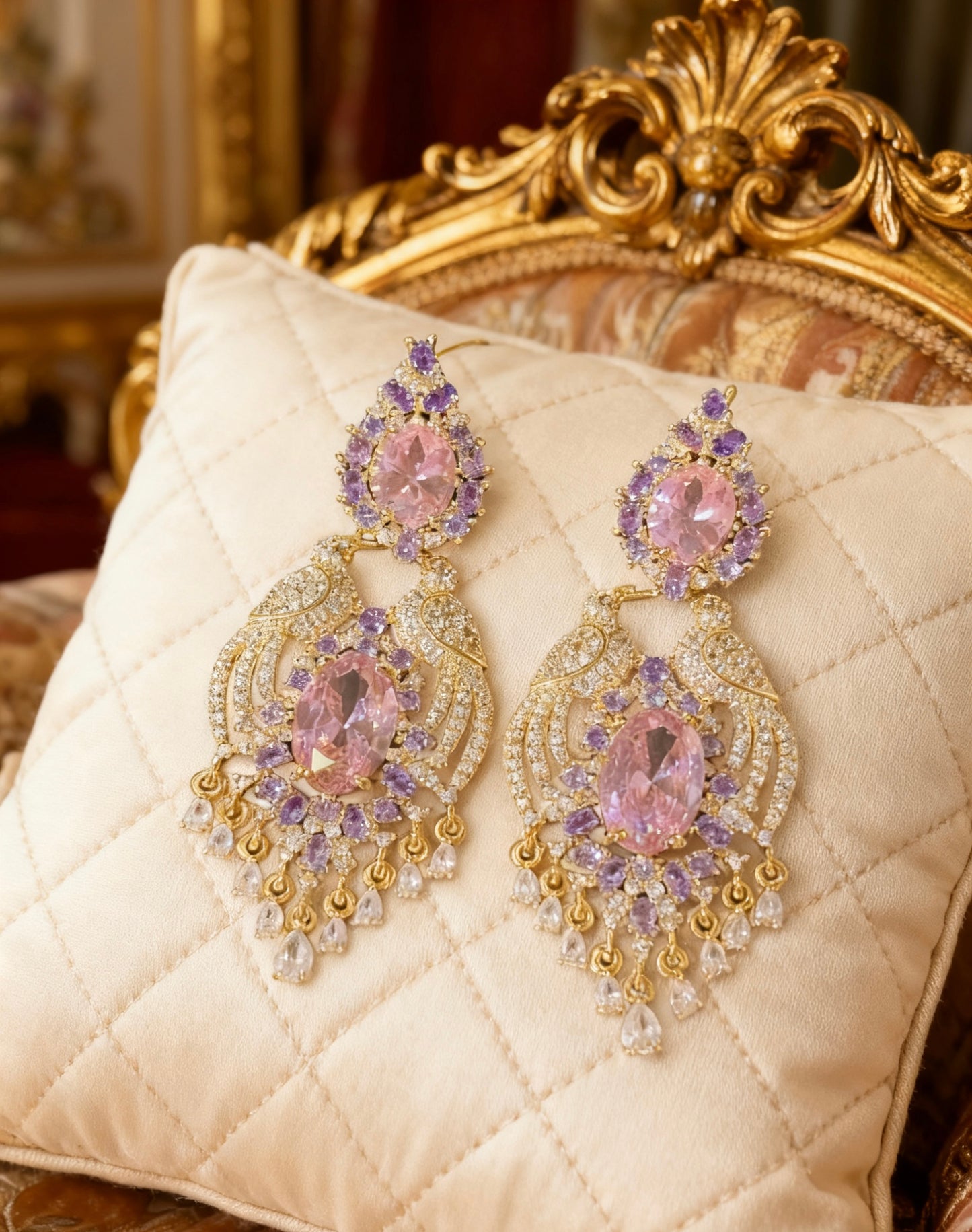 Regal Peacock Pink Gemstone Tassel Earrings