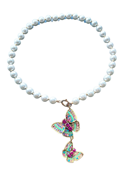 Crystal Butterfly Pearl Necklace