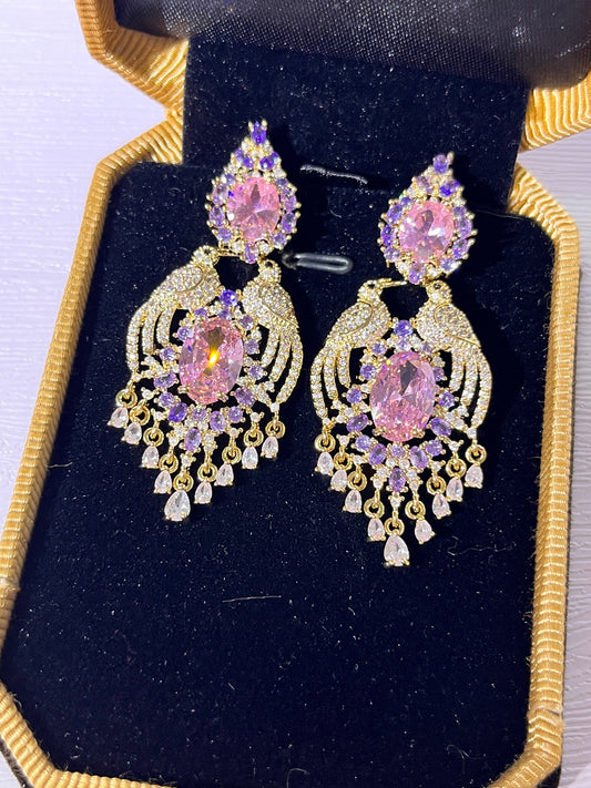 Regal Peacock Pink Gemstone Tassel Earrings