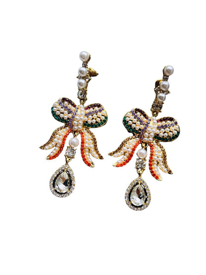 Pearl Bow Crystal Diamond Earrings