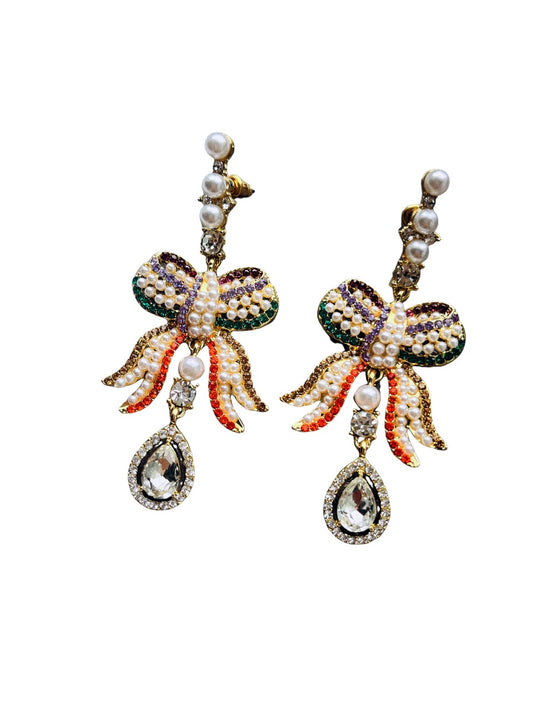 Pearl Bow Crystal Diamond Earrings