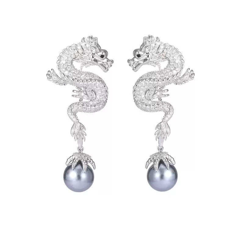 Silver Dragon Grey Pearl Statement Earrings