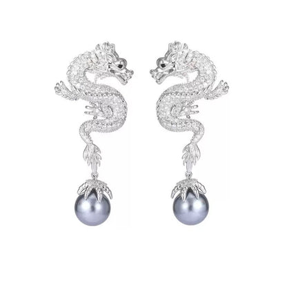 Silver Dragon Grey Pearl Statement Earrings