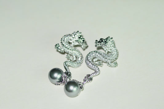 Silver Dragon &amp; Grey Pearl Statement Earrings