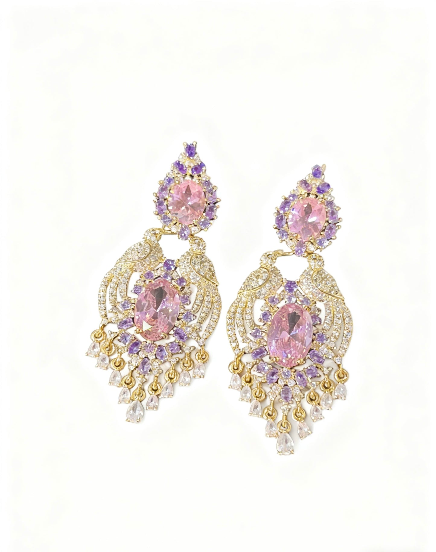 Regal Peacock Pink Gemstone Tassel Earrings