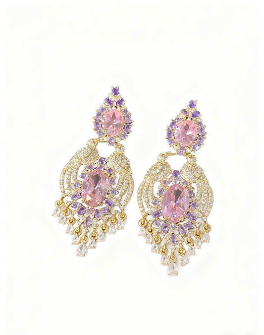 Regal Peacock Pink Gemstone Tassel Earrings