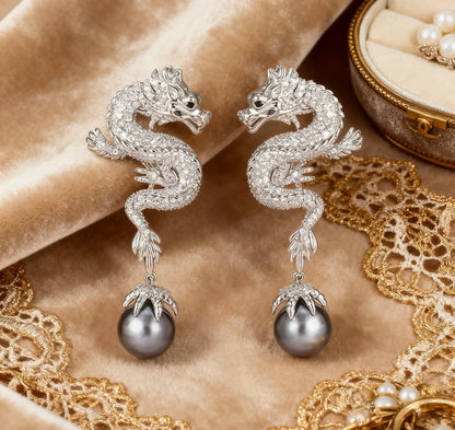 Silver Dragon Grey Pearl Statement Earrings