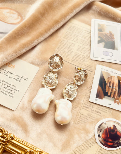 Natural Baroque Pearl Textured Gold Earrings