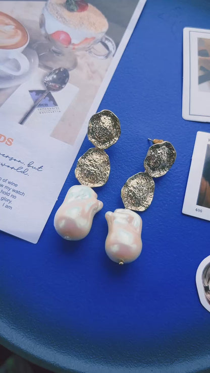 Natural Baroque Pearl Textured Gold Earrings