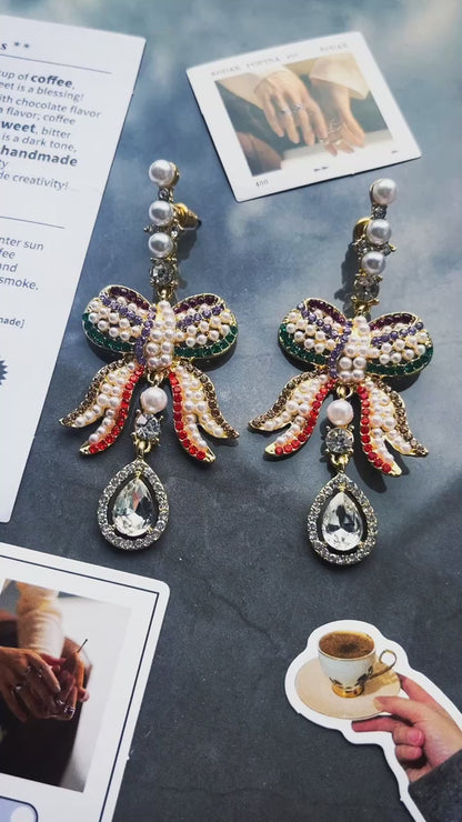 Pearl Bow Crystal Diamond Earrings